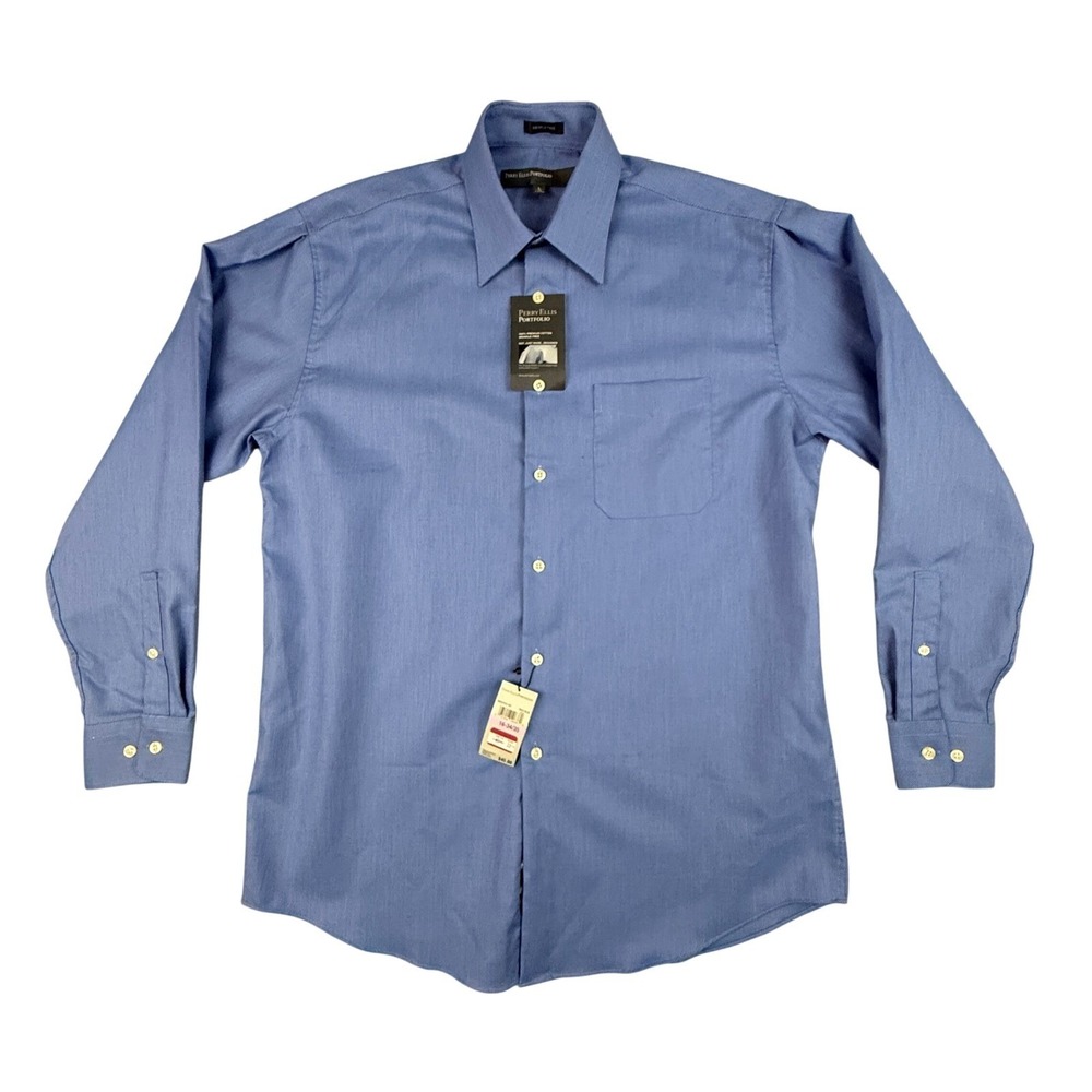 Perry Ellis Portfolio Dress Shirt Mens 16 34/35 L Wrinkle Free Deco Blue New Tag